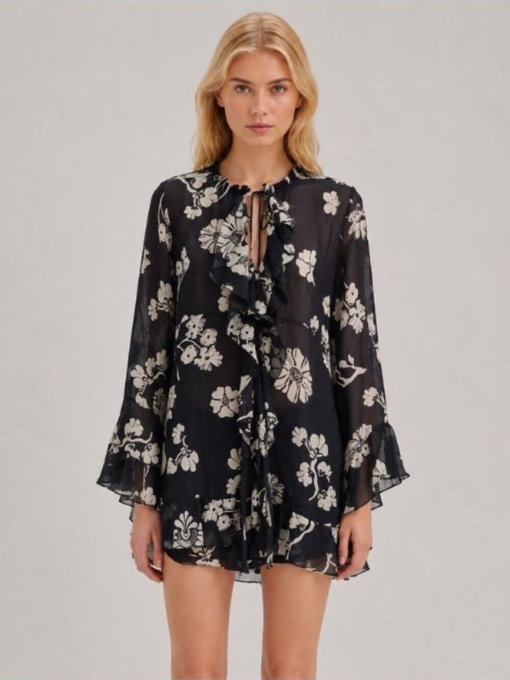 Dorothee Schumacher NWT Floral Ruffle Mini Dress Blouse 100% Ramie Sz XS